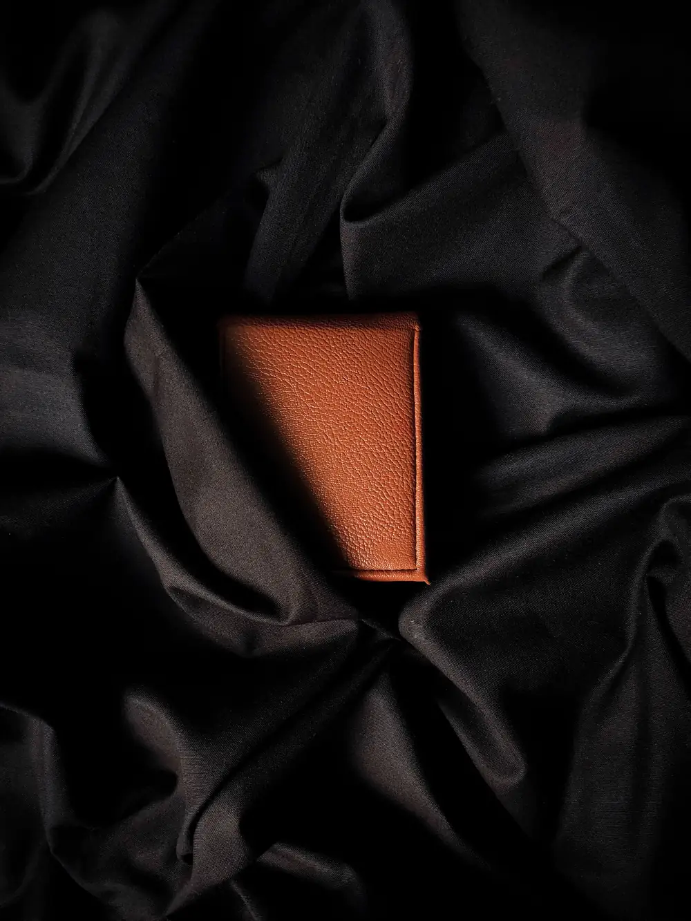 Tan pebble-grain stitchless leather card holder resting on deep folds of black fabric